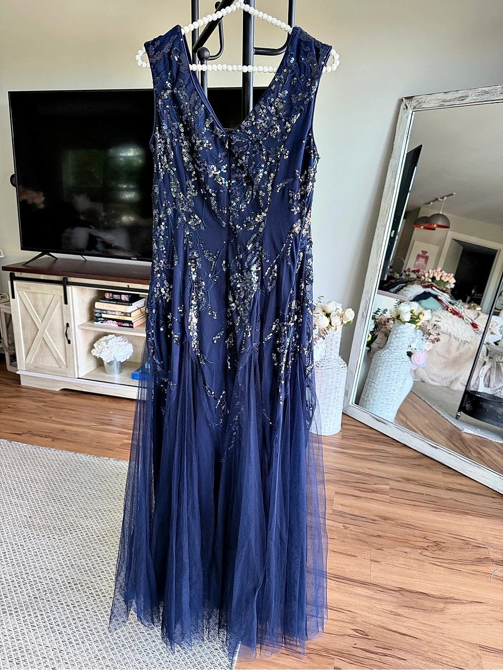 Ever-Pretty Sequin Leaf Tulle Evening Gown Blue Size L